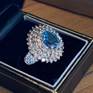 3.25 ct London Blue Topaz 2.15 ctw Diamond Huge 14K Gold Ring Sz 7 New Old Stock